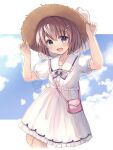  1girl bag blue_eyes blue_sky brown_hair cloud commentary_request cowboy_shot dress frilled_dress frills hair_ornament hairclip handbag hat holding holding_clothes holding_hat original puffy_short_sleeves puffy_sleeves short_hair short_sleeves sky smile solo straw_hat sun_hat tougo white_dress 