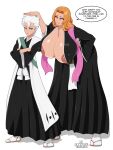  1boy 1girl areola_slip artist_name bleach blue_eyes breasts crossed_arms dated english_text hand_on_another&#039;s_head hitsugaya_toushirou huge_breasts japanese_clothes long_hair matsumoto_rangiku orange_hair rampage_(leedash2) sandals short_hair simple_background socks speech_bubble watermark white_background white_hair white_socks 