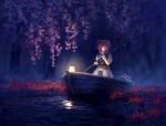  1girl blue_dress boat coin commentary_request dress flower full_body hair_bobbles hair_ornament highres lantern looking_at_viewer obi onozuka_komachi outdoors red_eyes red_flower red_hair sash satellitedragon short_hair solo spider_lily touhou two_side_up watercraft 