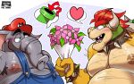  &lt;3 absurd_res anthro blush blush_lines bouquet bowser chubby_male clothing duo el_booki elephant elephant_mario elephantid flower flower_bouquet hi_res koopa male mammal mario mario_bros moobs nintendo overalls plant proboscidean scalie speech_bubble super_mario_bros_wonder 