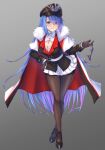  1girl azur_lane belt black_gloves black_headwear black_jacket blue_hair blush breasts cape cleavage cosplay cross crossed_legs cuffs fur-trimmed_cape fur_trim gloves graf_zeppelin_(azur_lane) graf_zeppelin_(azur_lane)_(cosplay) hair_between_eyes hair_ornament hair_over_one_eye hairclip hand_on_own_hip hand_up handcuffs hat helena_(azur_lane) high_heels highres holding holding_handcuffs iron_cross jacket leaning_forward legs long_hair long_sleeves looking_at_viewer medium_breasts military_hat military_jacket multicolored_hair pantyhose peaked_cap pleated_skirt purple_eyes purple_hair simple_background skirt smile solo standing thighs two-tone_hair very_long_hair waa!_okami white_belt white_skirt 