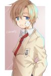  1boy arm_at_side bandaid bandaid_on_face blonde_hair blue_eyes border brown_background clannad closed_mouth commentary_request commission copyright_name eyes_visible_through_hair frown hair_between_eyes highres hikarizaka_private_high_school_uniform jacket jitome long_sleeves looking_at_viewer necktie puya red_necktie school_uniform short_hair simple_background solo sunohara_youhei upper_body white_border yellow_jacket 