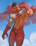  1boy abs absurdres bara black_hair bodysuit cape enri_(ceinordraws) facial_hair gloves highres invincible_(series) large_pectorals looking_at_viewer male_focus multicolored_hair muscular muscular_male mustache navel nipples nolan_grayson omni-man pectorals red_bodysuit red_cape red_gloves short_hair solo torn_bodysuit torn_clothes two-tone_bodysuit two-tone_hair white_bodysuit white_hair 