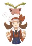  ! 1girl :o blue_overalls blush bow brown_eyes brown_hair cabbie_hat closed_mouth commentary_request cropped_torso hands_up hat hat_bow highres hoppip long_hair long_sleeves looking_up lyra_(pokemon) on_head open_mouth overalls pokemon pokemon_(creature) pokemon_(game) pokemon_hgss pokemon_on_head red_bow red_shirt shirt simple_background smile spoken_exclamation_mark toe_miyama twintails upper_body white_background white_headwear yellow_eyes 