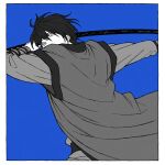 1boy akatsuki_no_yona blue_background border covered_mouth hair_between_eyes hak_(akatsuki_no_yona) highres holding holding_sword holding_weapon korean_clothes long_sleeves love_helix male_focus monochrome short_hair simple_background solo sword weapon white_border 