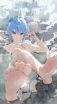  1girl alternate_hairstyle arm_up armpits barefoot bathing blue_eyes blue_hair closed_mouth collarbone crossed_legs cup double_bun eyelashes feet feet_up foot_focus foreshortening hair_between_eyes hair_bun highres holding holding_cup hololive hoshimachi_suisei looking_at_viewer nude onsen partially_submerged short_hair sidelocks smile soles solo star_(symbol) star_in_eye steam symbol_in_eye toenails toes virgo76612871 virtual_youtuber water 