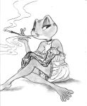  2023 amphibian anthro beatriz_overseer beatriz_resont chochi choker cigarette cigarette_holder cigarette_smoke clothing cybernetic_arm cybernetic_limb female frog greyscale hi_res jewelry monochrome necklace smoking solo underwear 