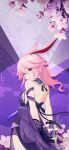  1girl 2022 armlet arms_behind_back back bare_legs bare_shoulders box breasts character_name closed_mouth dress gift gift_box gloves hair_between_eyes happy_birthday heart-shaped_box highres holding holding_gift honkai_(series) honkai_impact_3rd looking_at_viewer medium_breasts medium_hair official_alternate_costume official_art official_wallpaper pink_hair ponytail purple_dress purple_gloves simple_background solo yae_sakura yae_sakura_(flame_sakitama) 
