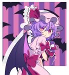  1girl ? ascot bat_wings frilled_cuffs frilled_hat frills green_brooch hair_between_eyes hat hat_ribbon looking_at_viewer purple_hair red_ascot remilia_scarlet ribbon short_sleeves touhou tsugomori_(remilia0398) wings 