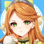  1girl edamameoka etie_(fire_emblem) fire_emblem fire_emblem_engage green_eyes hair_ornament highres long_hair looking_at_viewer orange_hair portrait ribbon simple_background solo swept_bangs tiara 