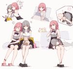  ! 2girls absurdres animal_on_lap animal_slippers asta_(honkai:_star_rail) bare_shoulders black_bow black_bowtie black_footwear black_straps bow bowtie braid breasts center_frills closed_eyes closed_mouth collar collared_shirt frills full_body grey_hair hair_between_eyes heart highres honkai:_star_rail honkai_(series) hug index_finger_raised lying_on_lap medium_breasts medium_hair multiple_girls multiple_views musical_note off_shoulder on_lap peppy_(honkai:_star_rail) pillow pink_footwear pink_hair shirt sidelocks simple_background single_strap sleeping slippers smile socks speech_bubble stelle_(honkai:_star_rail) stelle_(world_tour_2023)_(honkai:_star_rail) thigh_strap trailblazer_(honkai:_star_rail) white_collar white_shirt white_socks yajuu yellow_eyes yuri zzz 