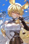  1girl absurdres animal_ears arknights beret blonde_hair blue_background breasts cleavage crying crying_with_eyes_open dorothy_(arknights) gloves hat highres hourglass long_hair narugrm single_glove tears twitter_username yellow_eyes yellow_gloves 