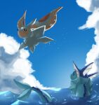  air_bubble blue_eyes blue_sky bright_pupils bubble cloud creature fins flying haru_aki_tibi head_fins highres light_particles masquerain partially_submerged pokemon pokemon_(creature) ripples sky vaporeon water white_pupils 