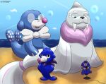  2018 beach blue_body charles_(suddendraft) dewgong eyewear fur generation_1_pokemon generation_7_pokemon glasses grey_body group hi_res macro male microphone nintendo pince-nez pokemon pokemon_(species) popplio purple_body purple_fur seaside size_difference suddendraft water 