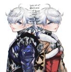 1boy 1girl alisaie_leveilleur alphinaud_leveilleur androgynous blue_eyes brother_and_sister earrings elezen elf final_fantasy final_fantasy_xiv grey_hair jewelry long_sleeves looking_at_viewer morino_bambi pointy_ears short_hair siblings smile 