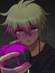  1boy amami_rantaro antenna_hair artist_name ball bandaged_hand bandages blood blood_on_clothes blood_on_face collarbone danganronpa_(series) danganronpa_v3:_killing_harmony ear_piercing earrings gradient_background green_eyes green_hair highres holding holding_ball jewelry lower_teeth_only male_focus necklace open_mouth piercing pink_blood shirt short_hair solo speech_bubble spoilers striped striped_shirt suiren_yurei teeth translation_request 