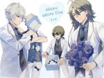  4boys absurdres ahoge bare_shoulders black_flower black_rose black_shirt black_vest blue_eyes bouquet closed_eyes closed_mouth collared_shirt crossed_arms dated flower formal gift green_hair highres holding holding_bouquet honkai_(series) honkai_impact_3rd jacket kalpas_(honkai_impact) kevin_kaslana kosma long_hair long_sleeves male_focus multiple_boys open_mouth orange_eyes pants rose shirt short_hair simple_background sleeves_rolled_up su_(honkai_impact) ura_(hamburg_oniku) vest white_background white_hair white_jacket white_pants 