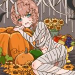  1girl apple bandages blue_eyes blush braid brown_hair crown_braid fang fate/grand_order fate_(series) flat_chest flower food fruit fruit_cup grapes halloween halloween_costume leaning_on_object looking_at_viewer mummy_costume naked_bandage navel on_floor open_mouth pumpkin shimogamo_(shimomo_12) side_braid sitting solo sunflower sweatdrop tongue van_gogh_(fate) 