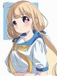  1girl blonde_hair blue_ribbon blue_sailor_collar blush bow brown_eyes collarbone dot_nose from_side futaba_anzu hair_bow hair_ribbon highres idolmaster idolmaster_cinderella_girls idolmaster_cinderella_girls_starlight_stage long_hair looking_at_viewer low_twintails midriff_peek neckerchief parted_lips ribbon sailor_collar school_uniform serafuku shirt short_sleeves simple_background solo twintails two-tone_background upper_body very_long_hair white_shirt yairo_ju yellow_neckerchief 