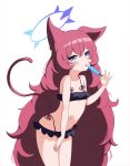  1girl absurdres animal_ears bare_arms bare_legs bare_shoulders bikini black_bikini blue_archive breasts cat_ears cat_tail curly_hair food frilled_bikini frills grey_eyes halo highres holding holding_food holding_popsicle iroha_(blue_archive) long_hair looking_at_viewer popsicle red_hair small_breasts solo swimsuit tail thighs 