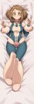  1girl blue_bodysuit bodysuit boku_no_hero_academia brown_eyes brown_hair dakimakura_(medium) highres looking_at_viewer lying medium_hair multicolored_bodysuit multicolored_clothes on_back pink_bodysuit solo uraraka_ochako zd_(pixiv6210083) 