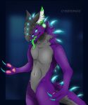  2_fingers absurd_res alien anthro bedroom_eyes bioluminescence blue_eyes claws cyber_(cyberspaceart) cyberspaceart fingers fur glowing green_tongue hi_res inner_ear_fluff male narrowed_eyes open_mouth purple_body purple_fur seductive solo solo_focus tongue tongue_out tuft xeno_(cyberspaceart) 