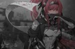  1girl banner belt_pouch blood blood_on_clothes blood_on_face blurry blurry_background bodysuit breasts chinese_commentary commentary covering_mouth dated emblem hair_intakes hairband hand_up high_collar high_ponytail highres holding holding_weapon long_hair looking_at_viewer mechanical_parts medium_breasts polearm pouch punishing:_gray_raven red_eyes red_hair ruins sidelocks signature skin_tight sleeves_rolled_up solo taotao_bujue upper_body vera:_garnet_(punishing:_gray_raven) vera_(punishing:_gray_raven) weapon wiping_face 