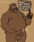 2022 amber_eyes anthro areola arrow_pointing_to_crotch balls bear beard belly big_belly biped body_hair brown_background brown_body brown_fur brown_hair dialogue digital_media_(artwork) directional_arrow english_text erection eyebrows facial_hair foreskin fur genitals glans hair happy_trail hi_res humanoid_genitalia humanoid_penis male mammal moobs mustache navel nipples overweight overweight_anthro overweight_male partially_retracted_foreskin penis pubes simple_background solo speech_bubble standing talking_to_viewer text vein veiny_penis werewhisky 