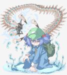  1girl black_footwear blue_eyes blue_hair blue_shirt blue_skirt breasts closed_mouth collared_shirt electricity evil_smile flat_cap full_body green_bag green_headwear hair_bobbles hair_ornament hand_on_ground hand_on_own_knee hat highres jewelry kawashiro_nitori key_necklace kneeling long_sleeves looking_at_viewer mechanical_tentacles medium_breasts necklace on_one_knee pocket shaded_face shinmon_akika shirt short_hair skirt skirt_set smile solo split_mouth touhou two_side_up water 