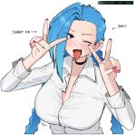  1girl blue_hair blush braid choker collared_shirt double_v jinx_(league_of_legends) league_of_legends long_hair looking_at_viewer ohasi one_eye_closed piercing shirt solo tongue_piercing twin_braids twintails v 