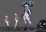  1boy 3girls :&lt; :d abs animal_ears body_fur braid full_body furry furry_female goat_ears goat_girl goat_horns grimm&#039;s_fairy_tales hand_on_own_hip highres hooves horizontal_pupils horns looking_at_viewer multiple_girls muscular muscular_female navel nervous_sweating smile standing sweat three_billy_goats_gruff toipokun_oyashi twin_braids yellow_eyes 