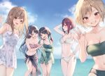  5girls :d bare_shoulders bikini black-framed_eyewear black_hair blonde_hair blue_sky blush breasts brown_eyes brown_hair character_request check_character chikan_saresou_ni_natteiru_s-kyuu_bishoujo_wo_tasuketara_tonari_no_seki_no_osananajimi_datta cleavage cloud commentary_request day dress floral_print fushimi_hina_(s-kyuu_osananajimi) glasses green_bikini green_eyes green_jacket green_one-piece_swimsuit grin groin himejima_ai_(s-kyuu_osananajimi) horizon jacket long_hair looking_at_viewer midorikawa_you multiple_girls navel ocean off_shoulder one-piece_swimsuit open_clothes open_jacket outdoors parted_bangs pink_bikini print_dress red_hair sarong semi-rimless_eyewear shinohara_minami_(s-kyuu_osananajimi) side-tie_bikini_bottom sky sleeveless sleeveless_dress smile swimsuit takamori_mana_(s-kyuu_osananajimi) torigoe_shizuka under-rim_eyewear v-shaped_eyebrows very_long_hair water wavy_mouth white_bikini white_dress 