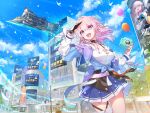  1girl ad animal balloon bird black_choker blue_skirt blue_sky breasts building cafe camera choker city cloud cloudy_sky commentary day dove flying_train gloves ground_vehicle hair_between_eyes highres holding holding_camera honkai:_star_rail honkai_(series) japan large_breasts looking_ahead march_7th_(honkai:_star_rail) medium_hair open_mouth outdoors pink_hair redrop road_sign shibuya_(tokyo) sign single_bare_leg single_glove single_thighhigh skirt sky solo_focus standing teeth thigh_strap thighhighs tokyo_(city) train tree upper_body upper_teeth_only white_sleeves white_thighhighs 