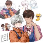  2boys apron blue_apron blush brown_eyes brown_hair cardcaptor_sakura chibi chocolate eating food glasses grey_hair hair_between_eyes highres holding kero kinomoto_touya long_sleeves male_focus multiple_boys multiple_views naijarski orange_sweater pink_sweater simple_background sweat sweater tsukishiro_yukito turtleneck turtleneck_sweater white_background yaoi yue_(cardcaptor_sakura) 