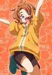  1boy blush brown_shorts dokushibuki highres hirogaru_sky!_precure hood hoodie jumping looking_at_viewer male_focus open_mouth orange_hair orange_hoodie otoko_no_ko precure red_eyes short_sleeves shorts smile yuunagi_tsubasa 