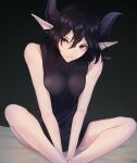  1girl absurdres bare_shoulders bed_sheet black_hair black_sweater breast_press breasts closed_mouth commentary demon_girl demon_horns fangs feet_out_of_frame hair_between_eyes highres horns kinsou_no_vermeil knees_apart_feet_together medium_breasts medium_hair meme_attire pointy_ears red_eyes signature sitting skin_fangs solo sweater vermeil_(kinsou_no_vermeil) virgin_killer_sweater yunigack 