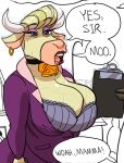  2023 anthro big_breasts bovid bovine bra breasts cartoon_network cattle cleavage clipboard clothed clothing cow_lady_(johnny_bravo) cowbell dialogue ear_piercing english_text eyeshadow female green_eyes hi_res holding_clipboard holding_object hooves horn johnny_bravo_(series) lipstick makeup mammal piercing power_suit purple_eyeshadow solo speech_bubble teeth text tongue underwear unknown_artist 
