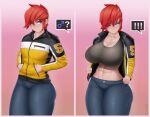  ! !! 1girl ? abs artist_name blue_eyes blue_pants breasts cleavage earrings hands_in_pockets highres jacket jewelry large_breasts mars_symbol motion_lines multicolored_clothes multicolored_jacket navel open_clothes open_jacket original pants red_hair short_hair solo spoken_exclamation_mark spoken_question_mark sports_bra zask zipper zipper_pull_tab 