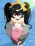  ashley_(warioware) big_hair bikini black_hair coral detesu hairband highres kneeless_mermaid looking_at_viewer mermaid monster_girl monsterification navel orange_hairband red_eyes ribs scales shell shell_bikini skull_brooch skull_ornament swimsuit twintails warioware 