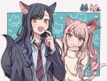  1girl 1other :d akiyama_mizuki androgynous animal_ear_fluff animal_ears animalization aqua_background b718293 baggy_clothes black_hair black_jacket black_necktie blazer blue_hair blush border buttons cardigan cat cat_ears cat_girl cat_tail cathead closed_mouth collared_shirt dark_blue_hair diagonal-striped_necktie doodles drill_hair fang fangs finger_to_mouth fish framed frown gradient_hair hair_ornament hand_on_own_chin hand_up index_finger_raised jacket kamiyama_high_school_uniform_(project_sekai) kemonomimi_mode lapels long_hair long_sleeves looking_at_viewer loose_necktie multicolored_hair multicolored_necktie necktie notched_lapels open_clothes open_collar open_jacket orange_eyes outside_border paperclip_hair_ornament pink_eyes pink_hair pink_shirt project_sekai red_necktie school_uniform shiraishi_an shirt side-by-side side_ponytail single_stripe sleeves_past_wrists smile star_(symbol) star_hair_ornament striped swept_bangs tail unbuttoned upper_body wavy_hair wavy_mouth whiskers white_border white_cardigan white_necktie white_shirt white_stripes 