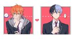  2boys ? aoyagi_touya blazer blonde_hair blue_hair blush closed_mouth collared_shirt commentary_request covered_mouth covering_mouth dark_blue_hair diagonal-striped_necktie green_eyes grey_eyes hand_up heart higashiyama_(m_hvmi) hood hood_down hooded_jacket jacket kamiyama_high_school_uniform_(project_sekai) lapels light_blue_hair long_hair mole mole_under_eye multicolored_hair multiple_boys open_clothes open_jacket orange_hair partial_commentary project_sekai school_uniform shinonome_akito shirt short_hair sideways_glance split-color_hair spoken_blush spoken_question_mark streaked_hair two-tone_hair upper_body very_long_hair yaoi 