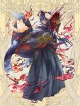  1boy angora_hamasaki animal_ears arm_guards arm_wrap black_hakama black_nails blue_hair bracelet cat dairoku_ryouhei dark-skinned_male dark_blue_hair dark_skin fire floral_print folding_fan fox_boy fox_ears fox_mask fox_tail full_body hair_between_eyes hakama hand_fan highres holding holding_fan japanese_clothes jewelry kariginu katana kimono looking_to_the_side male_focus mask mask_on_head multiple_swords nail_polish pyrokinesis red_eyes red_kimono sheath sheathed short_hair sideways_glance smile socks solo spider_lily_print standing sword tabi tail tassel weapon white_socks wide_sleeves yellow_background zouri 