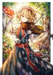  1girl absurdres blonde_hair blue_dress blue_eyes border dress forest_of_magic highres instrument mushroom music playing_instrument shirt short_hair sketch smile solo tonan_(l0l0l0l0l0l) touhou tree violin white_border white_shirt 