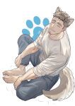  109ddong 1boy animal_ears bara barefoot beard blonde_hair character_request closed_eyes closed_mouth copyright copyright_request facial_hair highres male_focus pants paw_print short_hair simple_background smile sweater tail thick_eyebrows white_background white_sweater wolf_ears wolf_tail 
