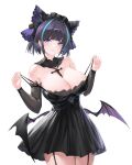  1girl :3 absurdres animal_ears ano_(madoka23) azur_lane black_dress black_hair blue_eyes blush breasts cheshire_(azur_lane) cleavage detached_sleeves dress frills garter_straps highres large_breasts looking_at_viewer low_wings maid_headdress multicolored_hair short_hair smile solo strap_pull streaked_hair thighhighs two-tone_hair wings 