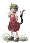  1girl 9302w_(user_wjpg8475) animal_ears bow bowtie brown_eyes brown_hair cat_ears chen flat_chest full_body grass hand_up hat highres long_sleeves looking_to_the_side mob_cap nekomata outdoors puffy_long_sleeves puffy_sleeves short_hair solo standing touhou white_bow white_bowtie 
