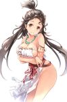  1girl armlet arms_under_breasts bare_shoulders breast_hold breasts brown_eyes brown_hair curvy fate/grand_order fate_(series) forehead hair_slicked_back highres himiko_(fate) jewelry large_breasts loincloth long_hair looking_at_viewer magatama magatama_necklace moupii_(hitsuji_no_ki) necklace pelvic_curtain sideboob simple_background solo strapless topknot twintails white_background 