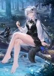  1girl animal_ear_fluff animal_ears antenna_hair arknights ascot barefoot black_ascot black_nails black_skirt black_vest breasts crossed_legs forest grey_eyes grey_hair hair_between_eyes hair_ornament hairclip high_heels highres in_tree lappland_(arknights) legs long_hair long_sleeves looking_at_viewer medium_breasts nature outdoors scar scar_across_eye scar_on_face shirt sitting sitting_in_tree skirt smile solo stardust_(chen&#039;ai_weiding) stopwatch tail thighs toes tree vest white_hair white_shirt wolf_ears wolf_girl wolf_tail 