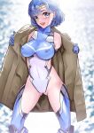  1girl absurdres arion_canvas ass_visible_through_thighs bare_shoulders bishoujo_senshi_sailor_moon blue_eyes blue_gemstone blue_hair bodysuit breasts brooch coat covered_navel covered_nipples earrings elbow_gloves gem gloves highres impossible_clothes jewelry large_breasts leotard lips mizuno_ami open_clothes open_coat open_mouth public_indecency sailor_mercury short_hair skin_tight smile solo stud_earrings swept_bangs taimanin_(series) taimanin_suit thighhighs 