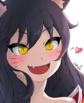  1girl :d ahri_(league_of_legends) animal_ear_fluff animal_ears artist_name black_hair blush fang fox_ears heart league_of_legends lolboja long_hair open_mouth portrait single_bare_shoulder slit_pupils smile solo yellow_eyes 